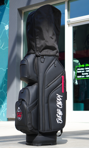 Black golf stand bag with red and white embroidery