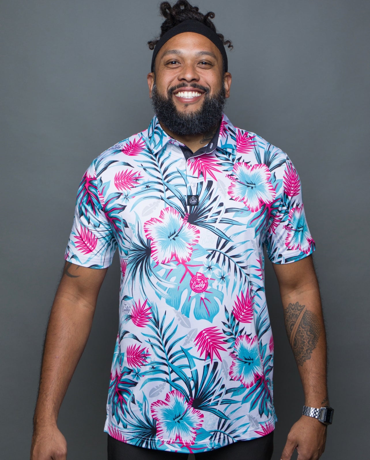 Man wearing Sugar Caddy Shocker golf polo, front view