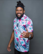 Man wearing Sugar Caddy Shocker golf polo, side view